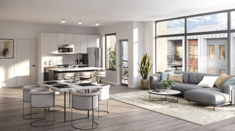 modern kitchen, dining room, and living room area in Genesis Condos in Langley BC sold by Vantage West Project Sales