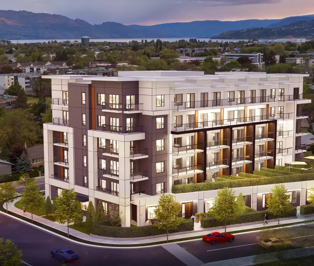 The Anacapri aerial view computer rendering of a new condo development, a real estate development sold by Vantage West Project Sales in Kelowna BC.