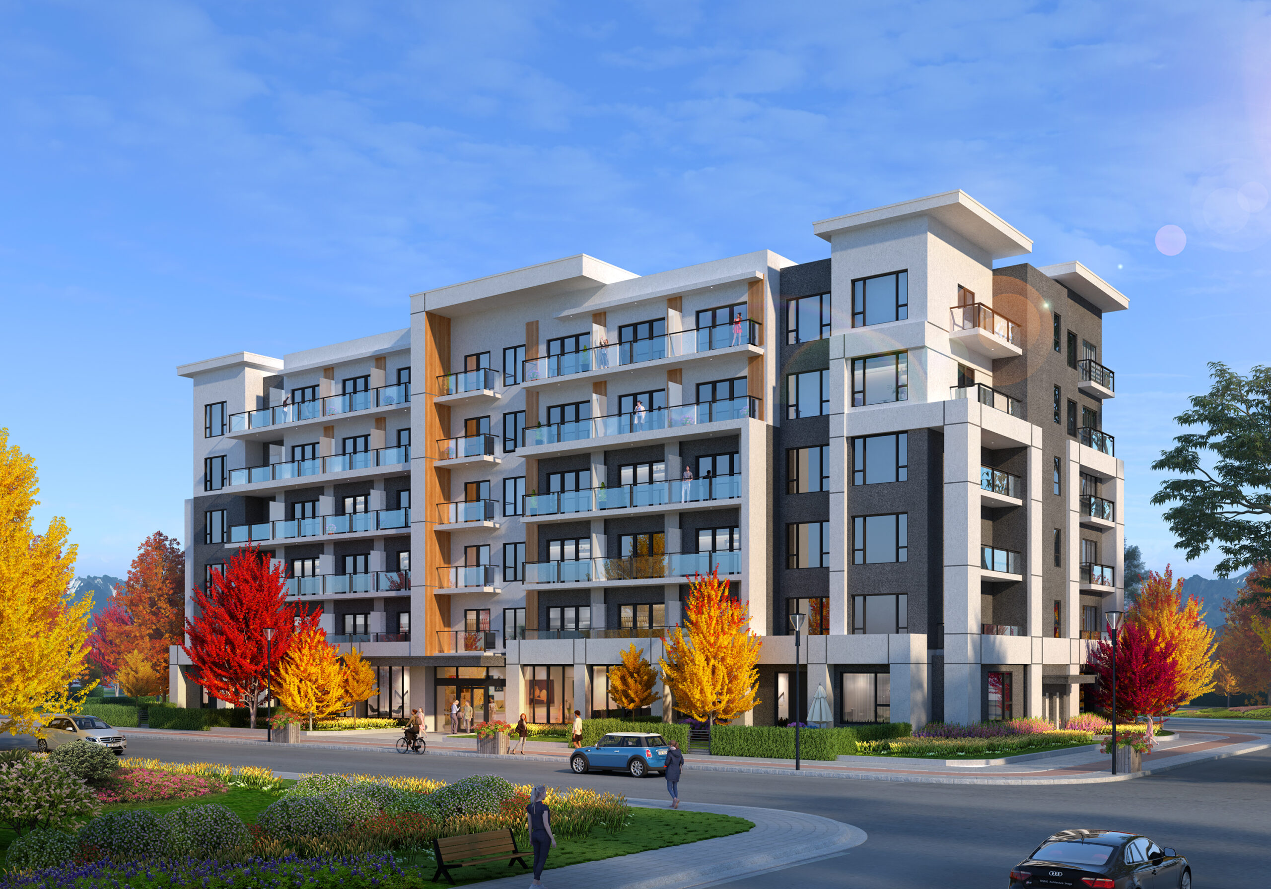 The Anacapri front, a computer rendering of the front of a new condo building development, a real estate development sold by Vantage West Project Sales in Kelowna BC.