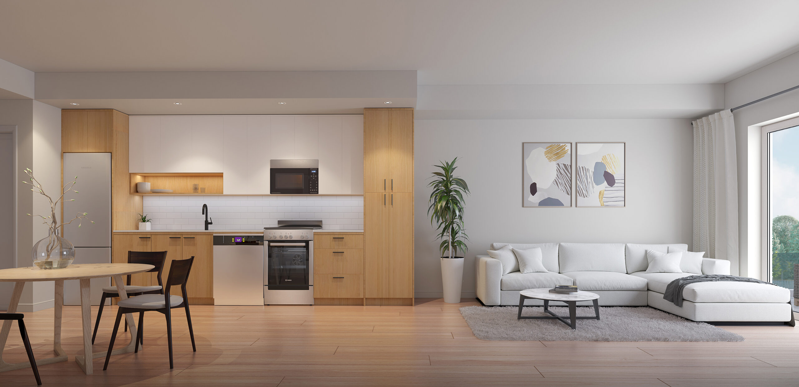 The Anacapri kitchen, dining room, and livingroom area in condo, a real estate development sold by Vantage West Project Sales in Kelowna BC.