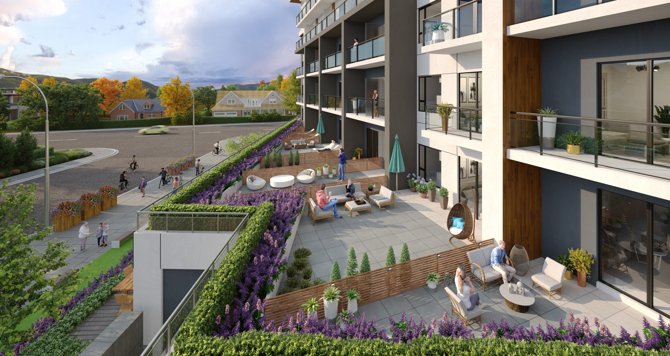 The Anacapri outdoor terrace garden, a real estate development sold by Vantage West Project Sales in Kelowna BC.