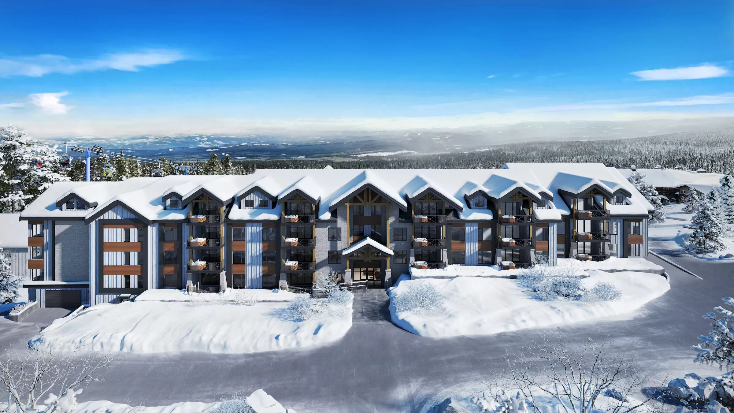 The View condo building real estate development 3D rendering, a new project by KRYS Development Group at Big White Ski Resort that will be selling soon from Vantage West Project Sales.
